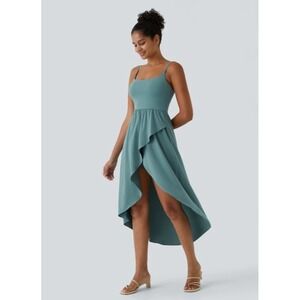 New Breezeful Backless‎ High Low Flowy Midi Quick Dry Dress Large Stone Blue